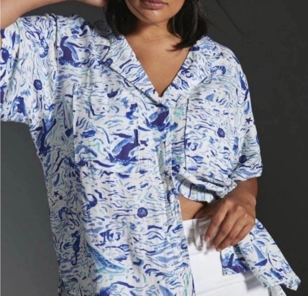 Maeve by Anthropologie Blue White Coastal Sea Life Short Sleeve Shirt-Size 1X